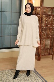 Beige Hijab Knitwear Suit Dress 34021BEJ - 1