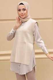  Beige Hijab Knitwear Sweater 23881BEJ - 2
