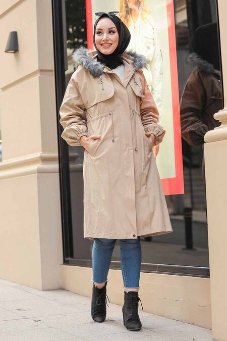 Beige Hijab Parka Coat 90651BEJ - NEVA STYLE