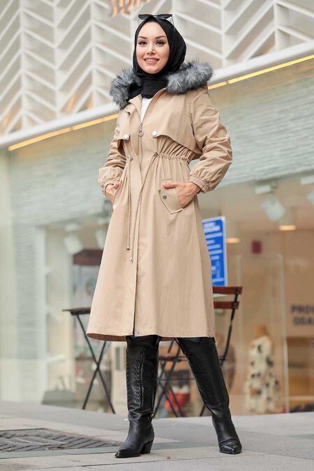 Beige Hijab Parka Coat 9066BEJ - NEVA STYLE