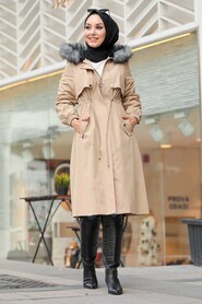 Beige Hijab Parka Coat 9066BEJ - 2