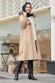 Beige Hijab Parka Coat 9066BEJ - 3