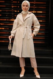 Beige Hijab Stamp Coat 5802BEJ - 3