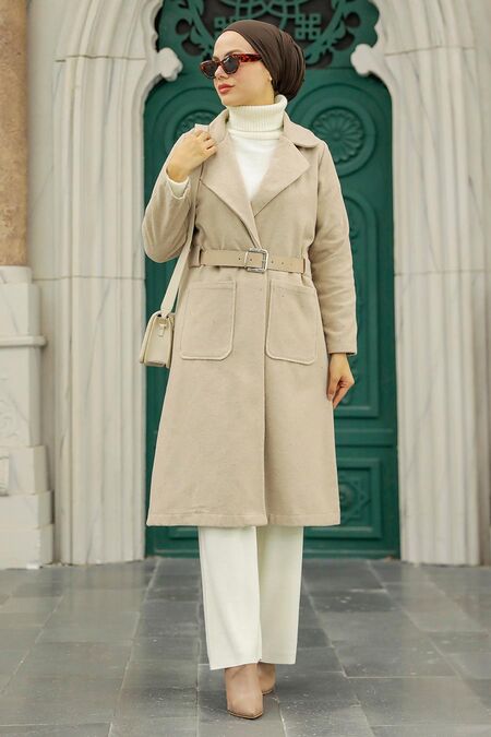 Beige Hijab Stamp Coat 5809BEJ - NEVA STYLE