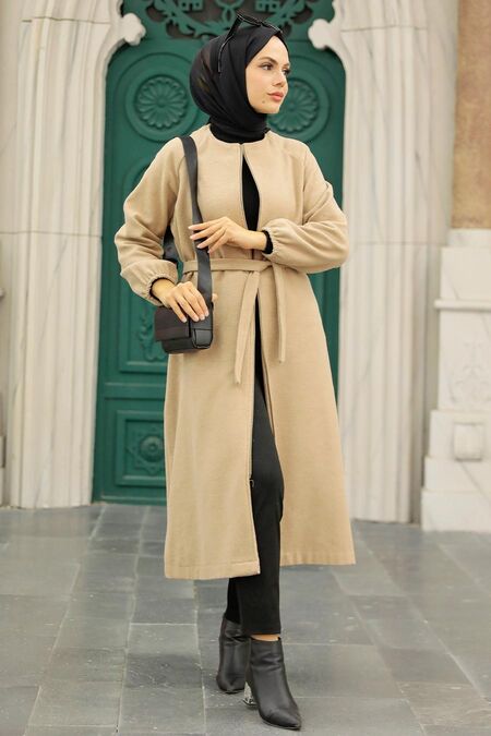 Beige Hijab Stamp Coat 5822BEJ - NEVA STYLE