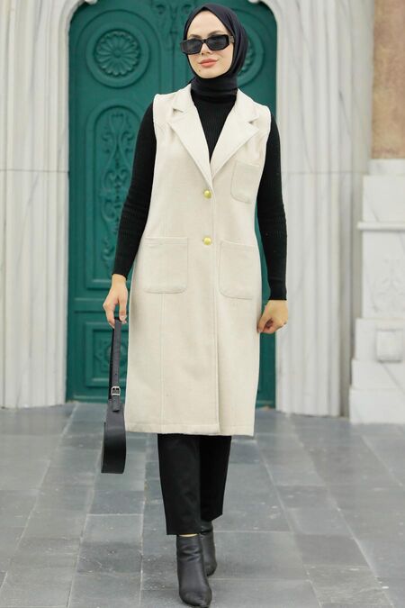 Beige Hijab Stamp Vest 5824BEJ - NEVA STYLE