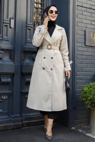 Beige Hijab Trench Coat 5942BEJ - 3