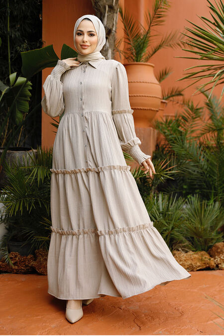 Beige Modest Long Dress 4421BEJ - NEVA STYLE