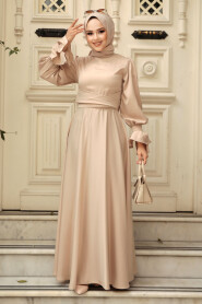 Beige Satin Modest Evening Gown 5983BEJ - 2