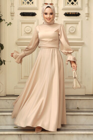 Beige Satin Modest Evening Gown 5983BEJ - 3