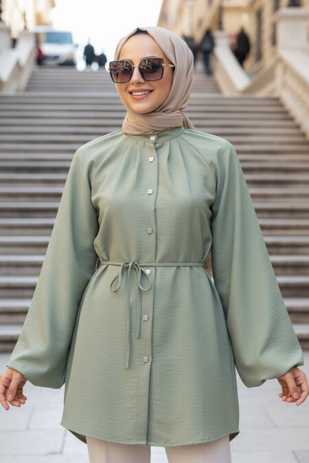 Belted Almond Green Modest Tunic 52871CY - 