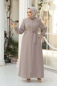 Belted Beige Modest Abaya 26391BEJ - 1