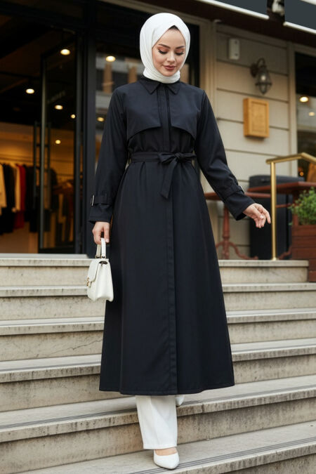 Belted Black Modest Trench Coat 10700S - 