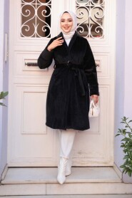 Belted Black Modest Suede Cap Coat 62451S - 2
