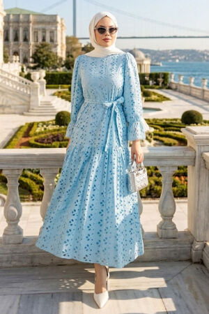 Belted Broderie Blue Modest Dress 5000M - 