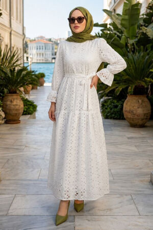 Belted Broderie White Modest Dress 5000B - 