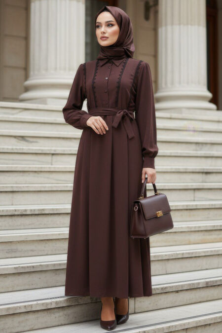 Belted Brown Modest Dress 10308KH - 
