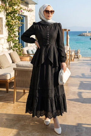 Belted Button Detail Broderie Black Modest Set 50205S - 