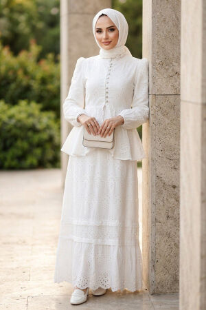 Belted Button Detail Broderie White Modest Set 50205B - 