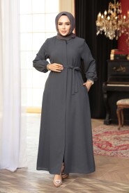 Belted Charcoal Modest Abaya 26391FU - 2