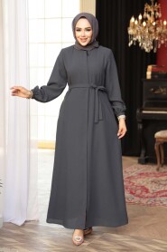 Belted Charcoal Modest Abaya 26391FU - 1