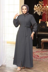 Belted Charcoal Modest Abaya 26391FU - 3