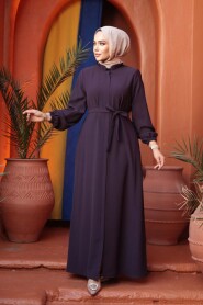 Belted Damson Modest Abaya 26391MU - 2