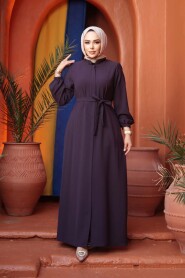 Belted Damson Modest Abaya 26391MU - 3