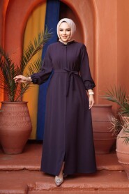 Belted Damson Modest Abaya 26391MU - 1