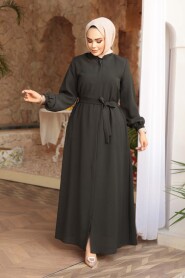 Belted Dark Khaki Modest Abaya 26391KHK - 1