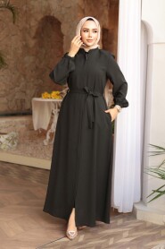 Belted Dark Khaki Modest Abaya 26391KHK - 3