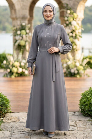 Belted Gray Modest Dress 10309GR - 