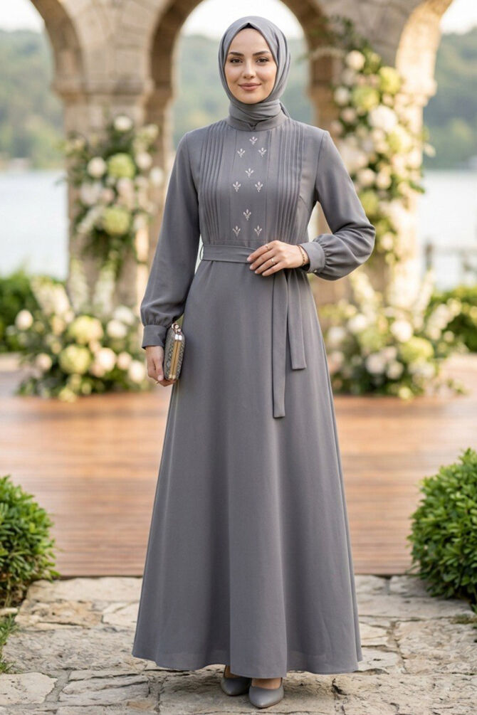 Belted Gray Modest Dress 10309GR - 