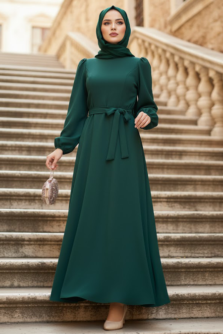 Belted Green Modest Dress 23102Y - 