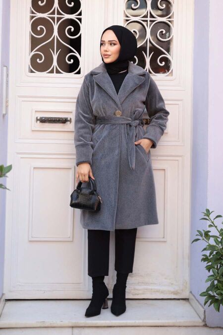 Belted Grey Modest Suede Cap Coat 62451GR - NEVA STYLE