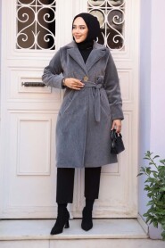 Belted Grey Modest Suede Cap Coat 62451GR - 2