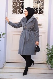 Belted Grey Modest Suede Cap Coat 62451GR - 3