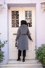 Belted Grey Modest Suede Cap Coat 62451GR - 4