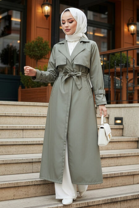 Belted Light Khaki Modest Trench Coat 10700AHK - 