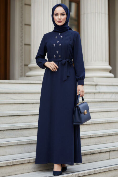 Belted Navy Blue Modest Dress 10309L - 
