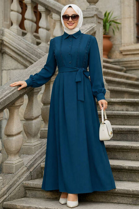 Belted Petrol Green Modest Dress 10308PY - 