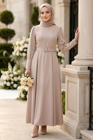 Belted Shoulder Detail Double Beige Modest Dress 15602BEJ - 