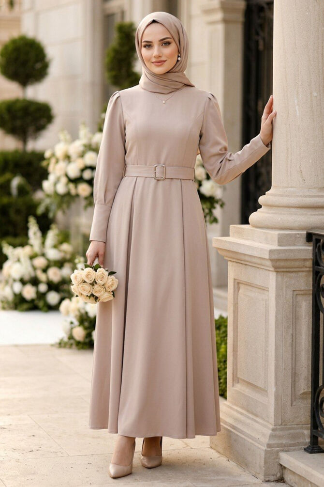 Belted Shoulder Detail Double Beige Modest Dress 15602BEJ - 