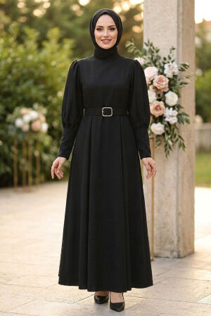 Belted Shoulder Detail Double Black Modest Dress 15602S - 