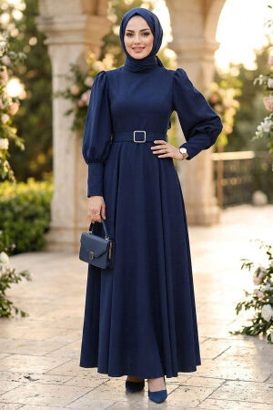 Belted Shoulder Detail Double Navy Modest Dress 15602L - 