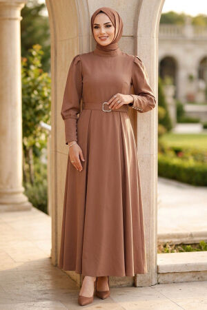 Belted Shoulder Detail Double Tan Modest Dress 15602TB - 