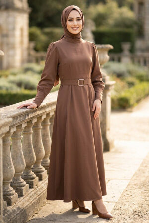 Belted Shoulder Detail Double Taupe Modest Dress 15602V - 
