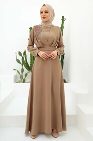  Long Biscuit Islamic Wedding Dress 3305BS - 1