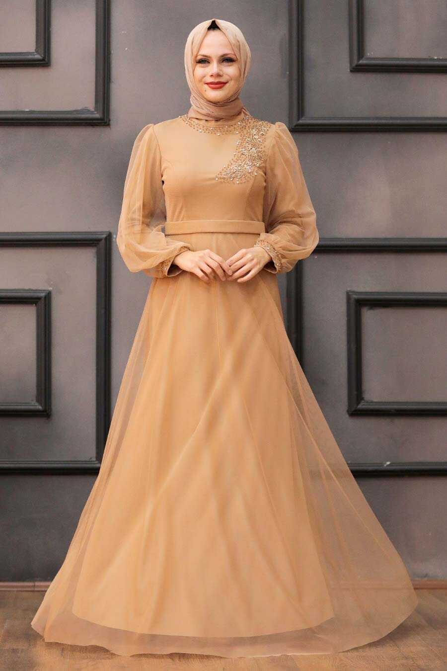Neva Style - Modern Biscuit Hijab Evening Dress 34880BS - Neva-style.com