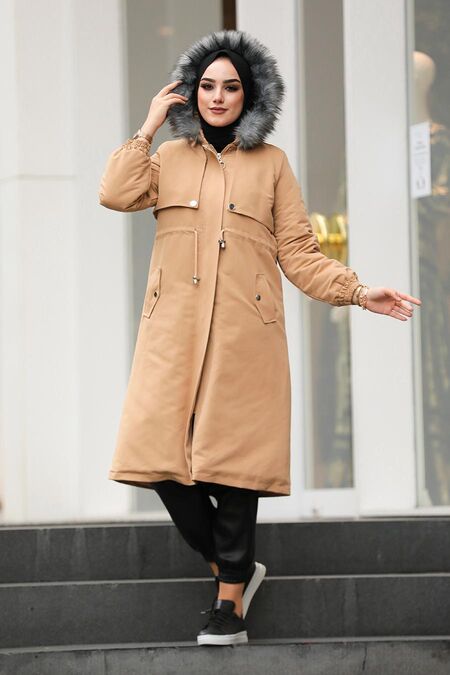 Biscuit Hijab Parka Coat 9066BS - NEVA STYLE